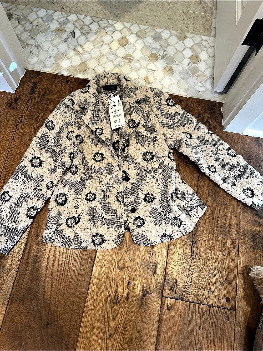 Zara Frayed Textured Blazer Floral Beige & Black
